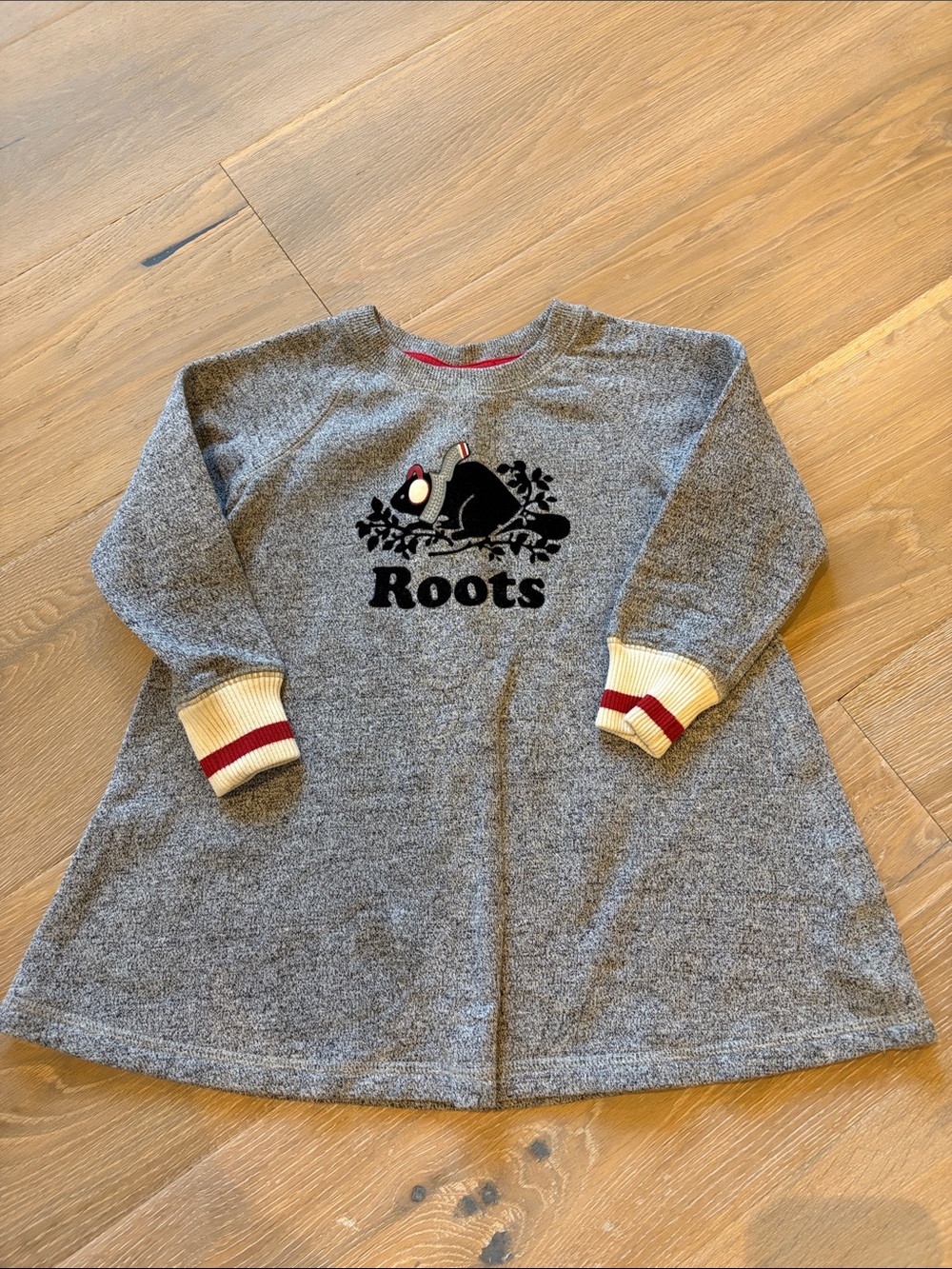 Roots Grey Sweatshirt Dress with Cream & Red Trim